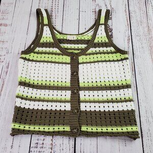 a.n.a. Striped Button Down Crochet Knit Vest Women M White Green Cropped
